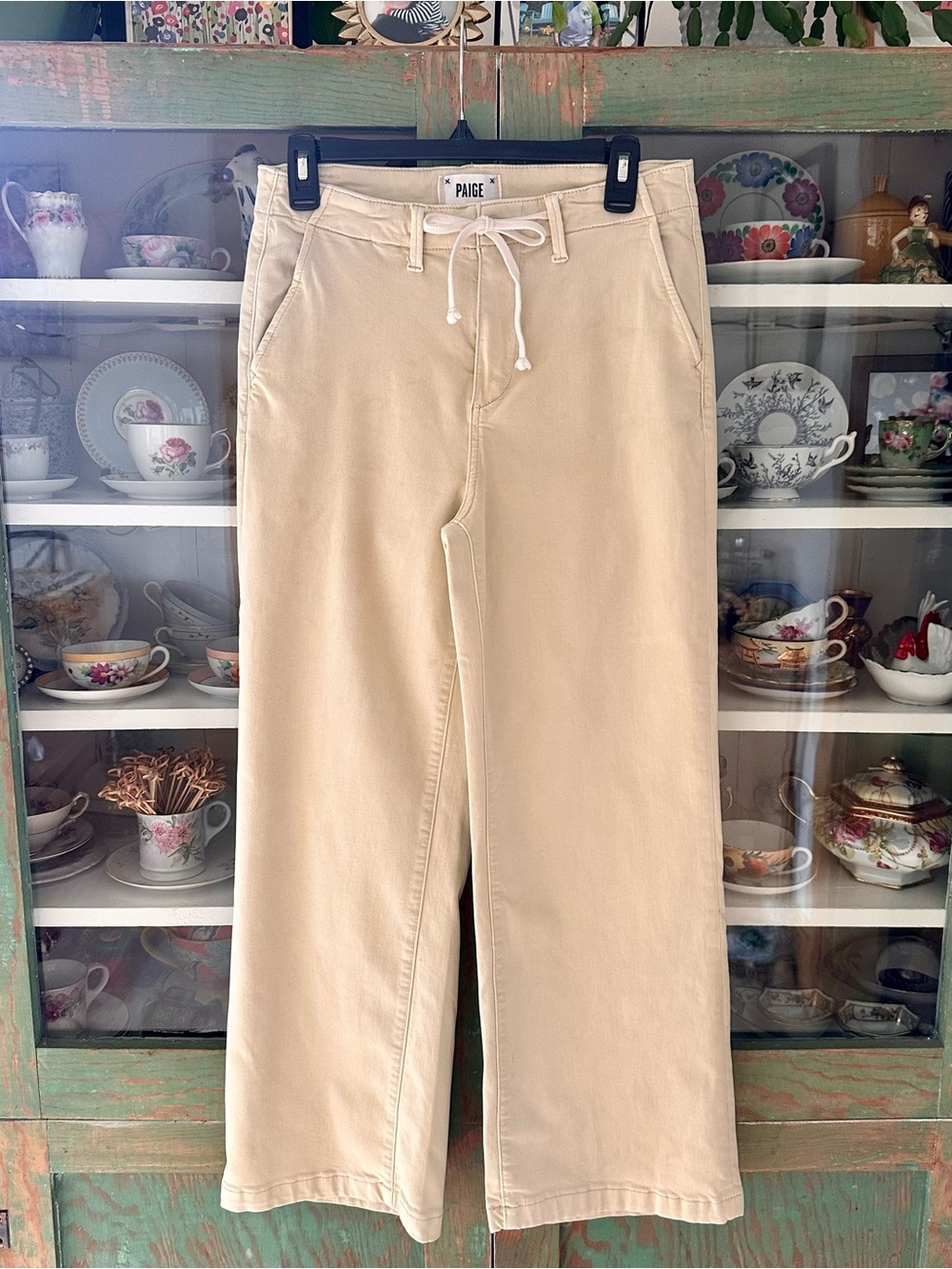 PAIGE Wide-Leg Drawstring Jeans in Beige